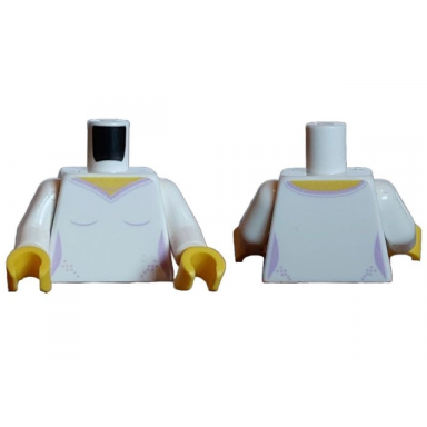 white torso female top with medium lavender collar and dots and yellow neck pattern white arms yellow hands
