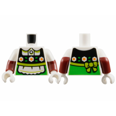 white torso dutch dress white and orange flowers on black panel apron lime sash and bright green trim pattern dark red arms with molded white short sleeves pattern white hands