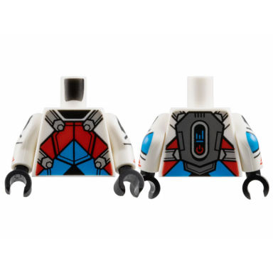 white torso armor with black neck dark azure and red chevrons light bluish gray straps and dark bluish gray jetpack on back pattern white arms with black octagons dark azure elbows and red sport mountain logos pattern black hands