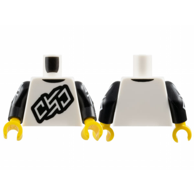 white torso shirt with black outline stylized oso and collar pattern black arms with white stylized oso pattern yellow hands