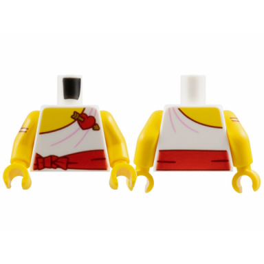 white torso toga with yellow chest red sash and heart with gold arrow dark red outline and bright pink folds pattern yellow arm left yellow arm right with gold and reddish brown twisted upper arm bracelet pattern yellow hands