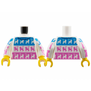 white torso sweater with black collar and cats on dark azure and dark pink panels pattern white arms with cats on dark azure and dark pink panels pattern yellow hands