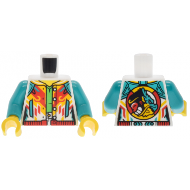 white torso jacket open with pockets and buttons red and bright light orange diagonal lines red waistband and monkie kid emblem over bright green shirt pattern dark turquoise arms yellow hands