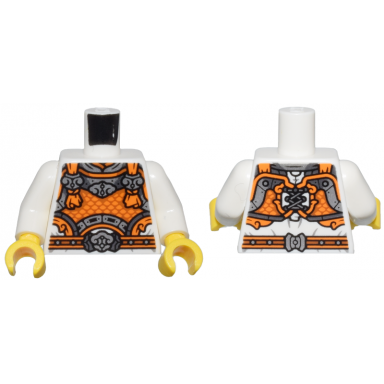 white torso orange silver and dark silver armor clasps and belt pattern white arms yellow hands