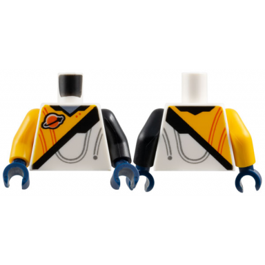 white torso spacesuit with bright light orange panel classic space logo black stripe and sand blue collar pattern black arm left bright light orange arm right dark blue hands