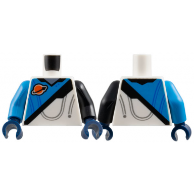 white torso spacesuit with dark azure panel classic space logo black stripe and sand blue collar pattern black arm left dark azure arm right dark blue hands