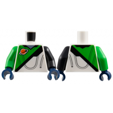 white torso spacesuit with bright green panel classic space logo black stripe and sand blue collar pattern black arm left bright green arm right dark blue hands