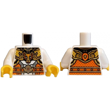 white torso orange and yellow armor dark orange belt gold buckle and wolf head pattern white arms yellow hands