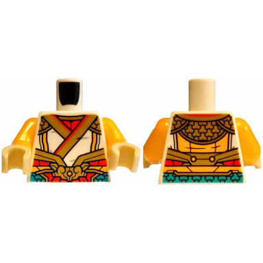 white torso gold armor plates straps and shoulder pads red collar and dark turquoise sides pattern bright light orange arms tan hands