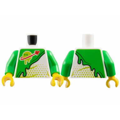 white torso spacesuit with bright green panel with slime classic space logo with lime z-blob dripping planet with eyes pattern bright green arms yellow hands