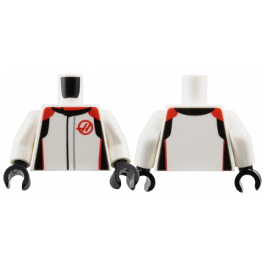 white torso racing suit with black and red collar shoulders sides and haas formula 1 logo stylized capital letter h pattern white arms black hands