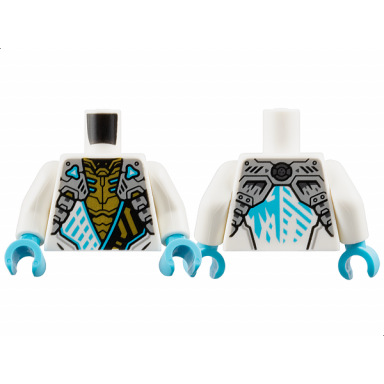 white torso armored tunic with light bluish gray shoulder panels medium azure trim and gold ninjago logogram letter z over chest armor ice dragon logo on back pattern white arms medium azure hands