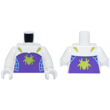 white torso lime spider and straps on dark purple panel with medium azure webbing pattern white arms white hands