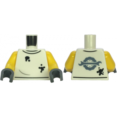 white torso shirt with black oil stains sand blue spanner wrench and wheel with tire logo on back pattern yellow arms dark bluish gray hands