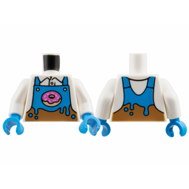 white torso dark azure and medium nougat apron with tan donut doughnut with dark pink frosting over shirt with collar pattern white arms dark azure hands