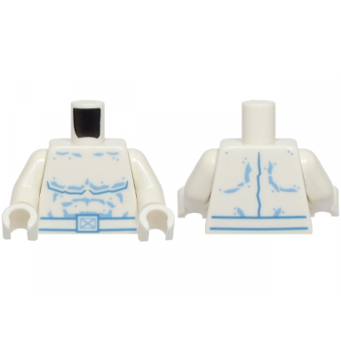 white torso super hero costume with bright light blue and medium blue muscles outline spots and belt with x-men logo buckle pattern white arms white hands