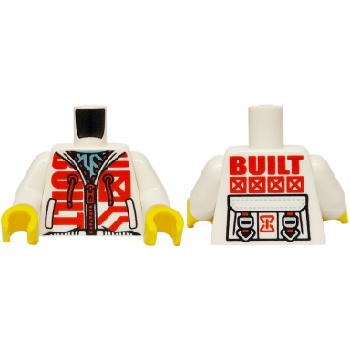 white torso hoodie with red zipper drawstrings and built metallic light blue shirt harness straps on back pattern white arms yellow hands