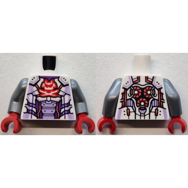 white torso armor with lavender highlights and abdomen panels red and coral trim samurai helmet and crossed swords logo dark purple stomach and neck circles with fans on back pattern flat silver arms red hands