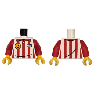 white torso shirt with button and red vertical stripes and collar silver name tag yellow smiley face pin pattern red arms yellow hands