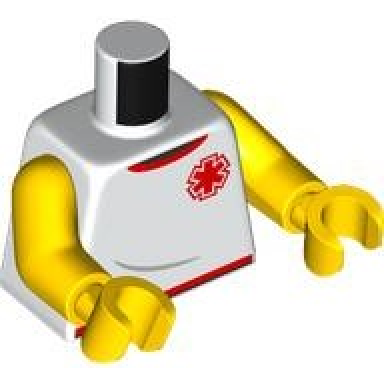 white torso sleeveless shirt with red and black collar and trim emt star of life lifeguard float on back pattern yellow arms yellow hands