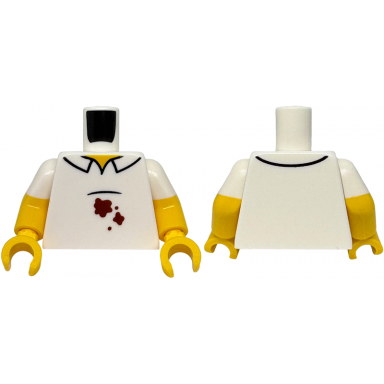 white torso shirt with collar black stomach line reddish brown stains yellow neck pattern yellow arms with molded white short sleeves pattern yellow hands
