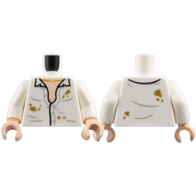 white torso button up shirt partially open light bluish gray creases dark tan dirt stains light nougat chest pattern white arms light nougat hands