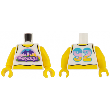 white torso tank top cropped with bright pink and dark purple paradisa logo yellow neck and stomach 92 on back pattern yellow arms yellow hands
