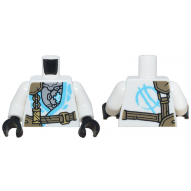 white torso tunic with medium azure trim silver mechanical armor dark tan strap gold clasp and charm with ninjago logogram letter z pattern white arms black hands