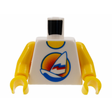 white torso shirt with long surfboard with sail on blue water in circle sunset logo yellow neck pattern inside with ribs reissue yellow arms yellow hands