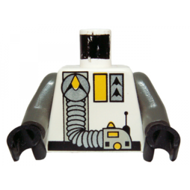 white torso space exploriens logo yellow accents silver hose pattern dark gray arms black hands