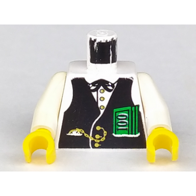 white torso western black vest gold fob and $100 bills pattern banker white arms yellow hands