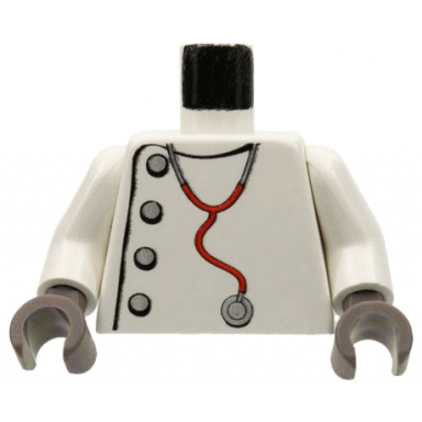 white torso studios lab coat silver buttons stethoscope pattern mad scientist white arms dark gray hands