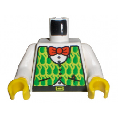 white torso lime vest with pockets and green teardrops over shirt with buttons black belt with yellow buckle red bow tie pen pattern white arms yellow hands