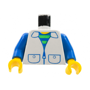 white torso train striped undershirt zipper jacket pockets pattern blue arms yellow hands