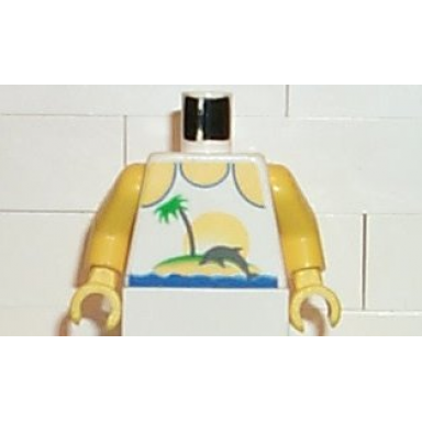 white torso paradisa tank top palm tree and dolphin pattern yellow arms yellow hands