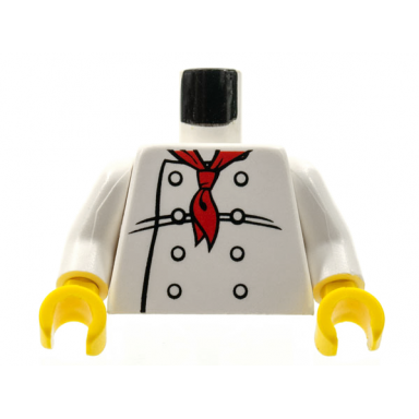 white torso chef with 8 buttons long red neckerchief black wrinkles pattern white arms yellow hands