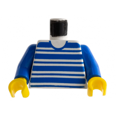 white torso horizontal blue stripes pattern blue arms yellow hands