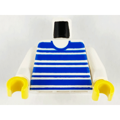 white torso horizontal blue stripes pattern white arms yellow hands