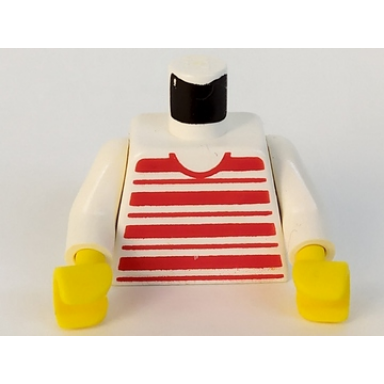 white torso horizontal red stripes pattern white arms yellow hands