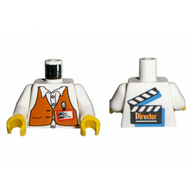 white torso studios director brown vest id badge film slate on back pattern white arms yellow hands