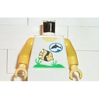 white torso divers dolphin logo and fish pattern yellow arms yellow hands