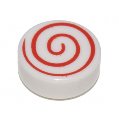 white tile round 1 x 1 with red spiral pattern
