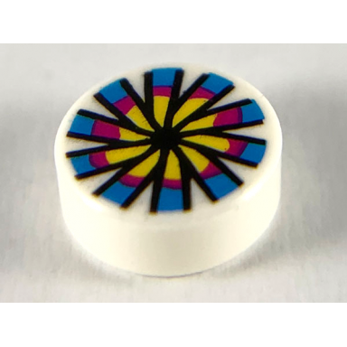 white tile round 1 x 1 with yellow magenta and dark azure flower and chinese pellet drum pattern