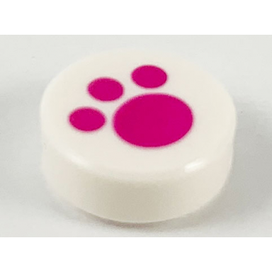 white tile round 1 x 1 with magenta paw print pattern