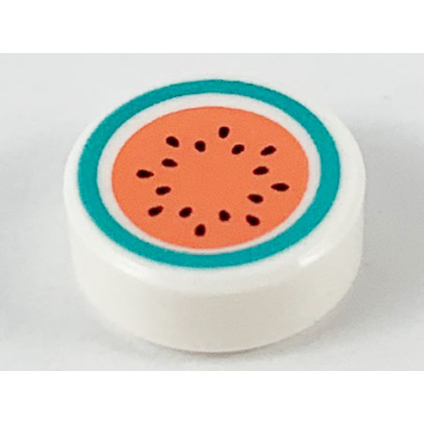 white tile round 1 x 1 with coral watermelon with dark turquoise rind and black seeds pattern