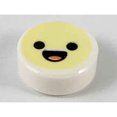 white tile round 1 x 1 with emoji bright light yellow face black eyes and open mouth with coral tongue pattern