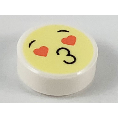 white tile round 1 x 1 with emoji bright light yellow face black eyebrows coral heart eyes and 3 puckered lips pattern