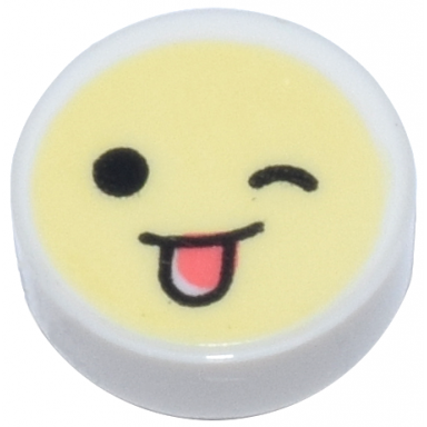 white tile round 1 x 1 with emoji bright light yellow face black eyes wink and coral tongue sticking out pattern