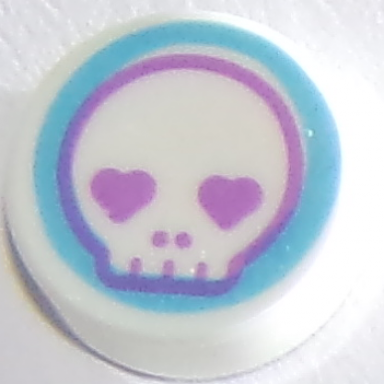 white tile round 1 x 1 with skull face with heart eyes in medium azure circle pattern