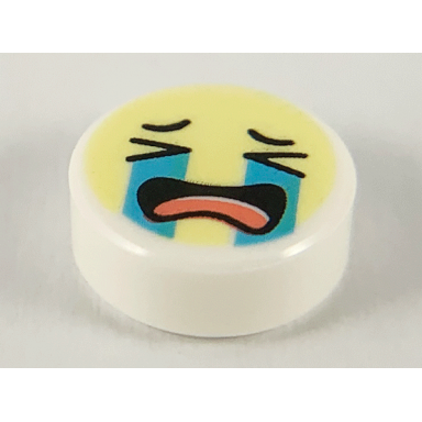 white tile round 1 x 1 with emoji bright light yellow face crying medium azure tear streams open mouth with coral tongue pattern